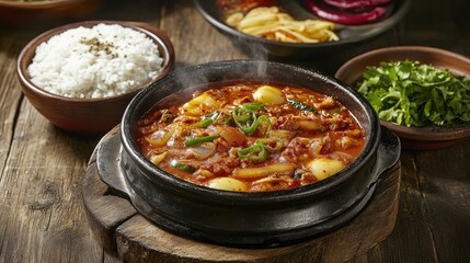 Spicy Stew with Rice and Fresh Herbs on a Wooden Table