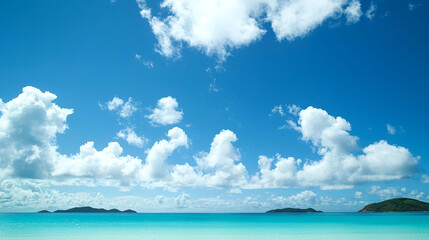 Serene beach view with clear water and clouds.