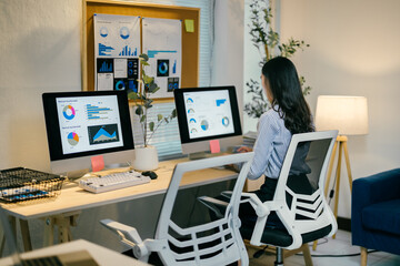 Businesswoman is working late, analyzing data on her computer in a modern office. Charts and graphs are displayed on the screens, indicating her focus on business performance