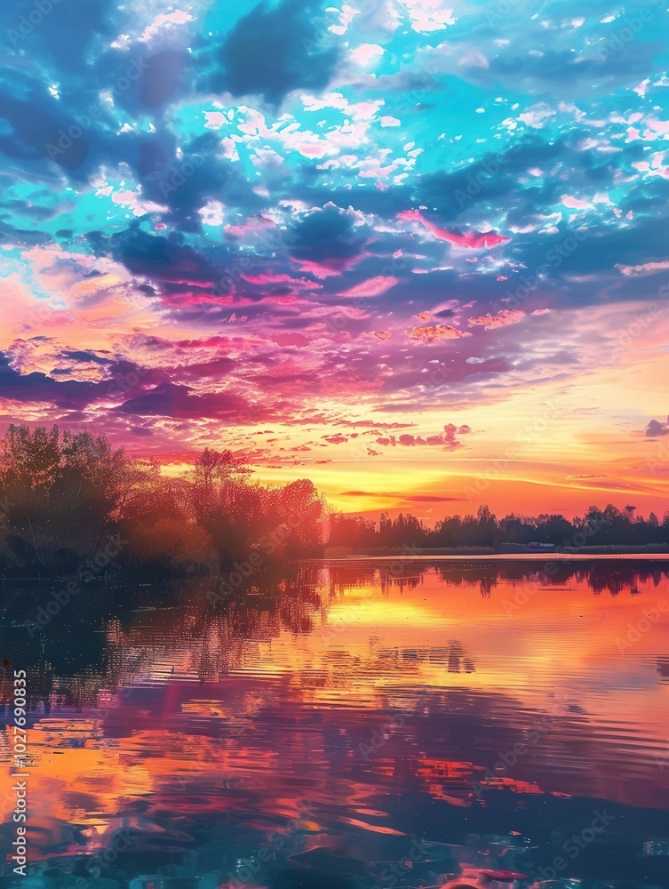 Poster vibrant autumn colors fill the sky as the sun sets, with reflections shimmering on the calm water, s