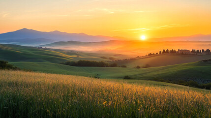 Naklejka premium Serene sunrise over rolling green hills.