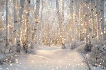 Beautiful snowy winter forest with lights