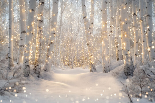 Beautiful snowy winter forest with lights