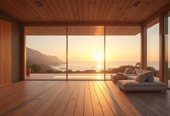 Interior modern minimalist beach sunset 3d rendering
