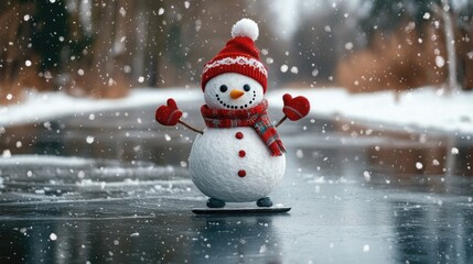 Snowman skating on ice, wearing a red winter hat with a pom-pom, celebrating the holidays