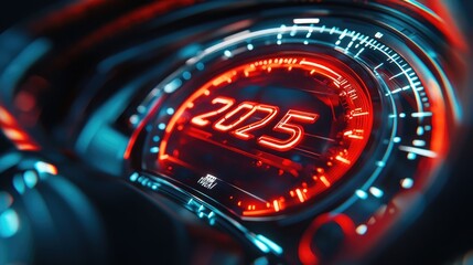 Speedometer gauge showing the year 2025 in red, surrounded by the years 2022, 2023, and 2024