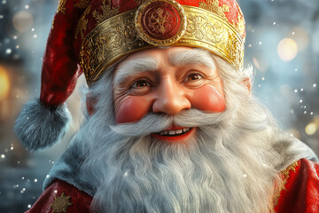 Happy Saint Nicholas Day. St.Nicolas holding gift. Winter holiday.