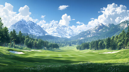 A Magnificent Golf Course with Wide-Open Spaces and Well-Kept Greens Enveloped by Dense Forests and Soaring Mountains Under a Brilliant Blue Sky