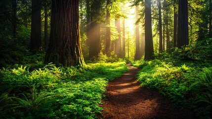Fototapeta premium Sunlit forest path through lush greenery.