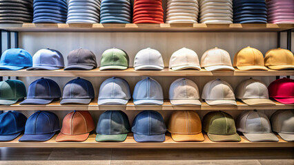 Display of Colorful Baseball Caps on Wooden Shelves design