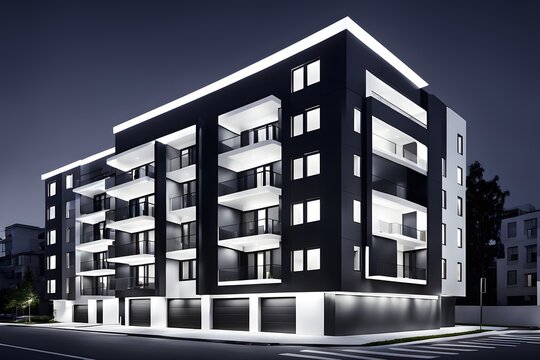 modern real estate apartment building in clean geometric forms in black and white