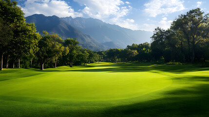 Obraz premium A Tranquil Golf Course Showcasing Perfectly Trimmed Grass, Lush Trees, and Stunning Mountains Beneath a Vibrant Blue Sky