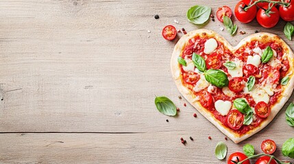 Heart-shaped pizza with mushrooms, olives, and basil on a light wooden background, surrounded by fresh ingredients like tomatoes, garlic, and herbs. Valentine's Day meal concept.