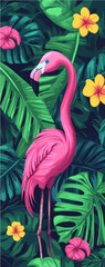 vector image of a pink flamingo on a background of green exotic palm leaves and monstera for wallpaper, generative AI