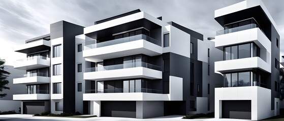 modern real estate apartment building in clean geometric forms in black and white