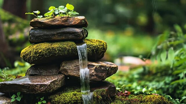 Tranquil Waterfall: Water Flows Over Mossy Rocks in a Lush Green Forest