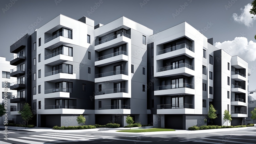 Wall mural modern real estate apartment building in clean geometric forms in black and white