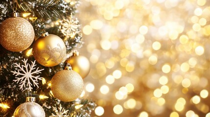 Christmas tree adorned with gold ornaments and snowflakes, glowing with soft golden bokeh lights in the background. Holiday elegance and festive celebration concept.