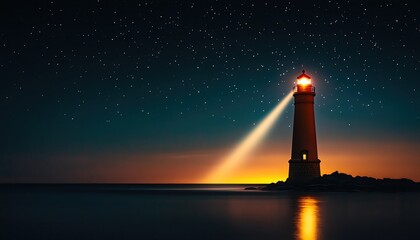 Fototapeta premium A nighttime scene of a lighthouse, with the light beam sweeping across the dark sea, and stars twinkling in the sky, creating a calm yet mysterious mood