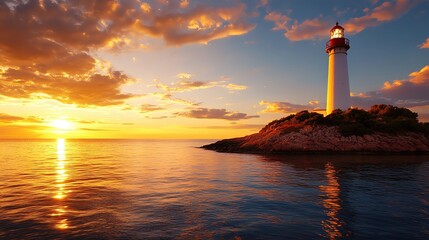 Fototapeta premium A view of a lighthouse on a small island, surrounded by a calm sea at sunrise, with golden light bathing the scene, creating a peaceful and serene atmosphere