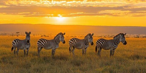 Obraz premium A herd of zebras grazing in a golden field at sunset, with mountains in the background, creating a tranquil and warm African safari scene.