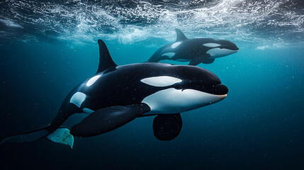 Obraz premium Two orcas swimming underwater in a serene ocean.