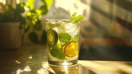 Refreshing Citrus and Cucumber Infused Sparkling Water in Sunlit Ambiance