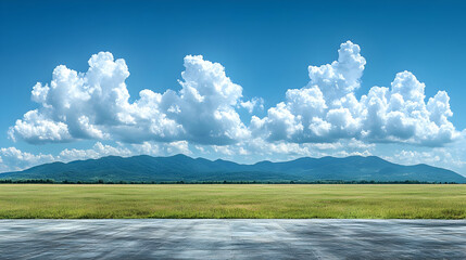 Green Meadow with Blue Sky and Mountain Range Background - Illustration