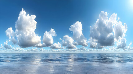3D Ocean and Sky Background -  Blue Sky with White Clouds and Calm Waters