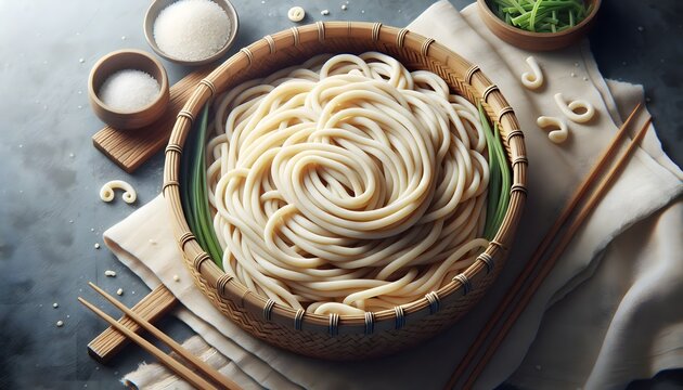  simple, tranquil dining scene featuring udon noodles, green onions, chopsticks, and salt, enhancing the overall atmosphere and inviting the viewer to relax.