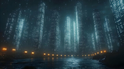 Futuristic Cityscape at Night with Glowing Towers and Water