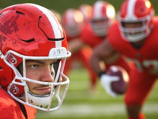 Fototapeta premium A focused football player in a red helmet prepares for action while teammates practice in the background, highlighting teamwork and athleticism.