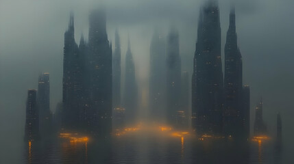 Futuristic Cityscape Illustration - Skyscrapers Emerging from Foggy Water
