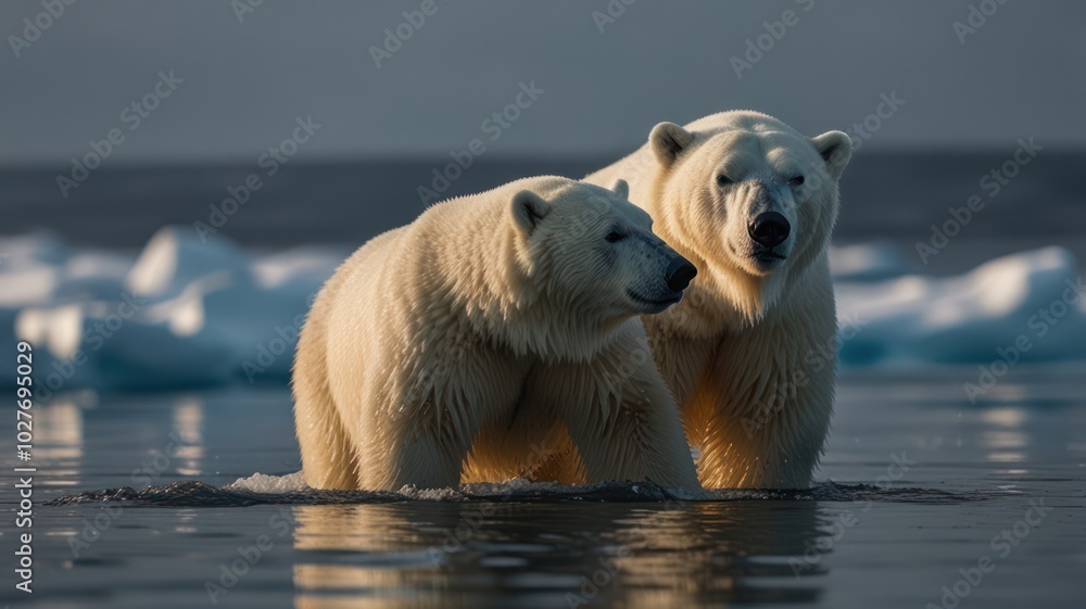 Poster two polar bears stand on a patch of ice in the arctic ocean, with a backdrop of floating ice floes.