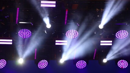 LED spotlights on stage at an event close-up. modern lighting equipment on stage. Large spotlights shine with beautiful bright light. close-up. LED spotlights, stage lighting equipment