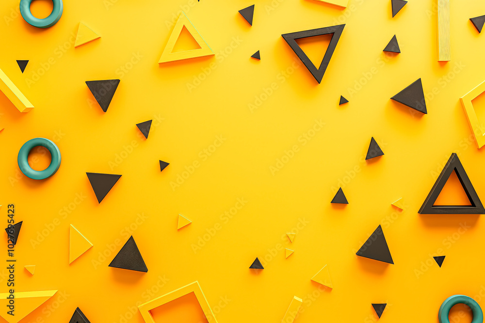 Poster yellow background with many different shapes, including triangles and squares. the shapes are scatte