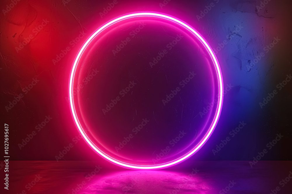 Poster neon pink circle with a blue border. the circle is surrounded by a dark background. the circle is gl