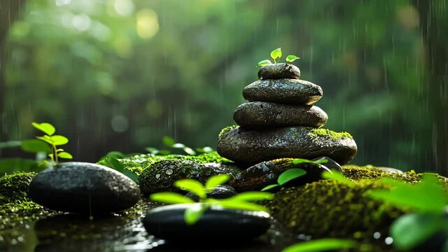 Zen Stones and New Growth: A Serene Nature Scene in the Rain