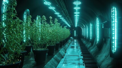 Obraz premium An underground farming system powered by bioluminescent plants, where futuristic robots harvest crops that glow in the dark