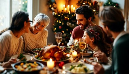 A family is gathered around a table with a large turkey and a Christmas tree in the background. They are all smiling and enjoying their meal together