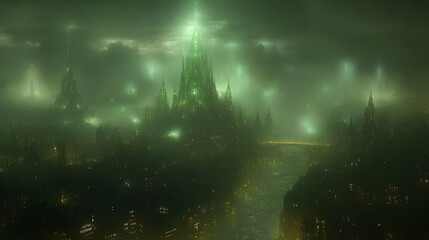 Green City Lights in Fog Illustration