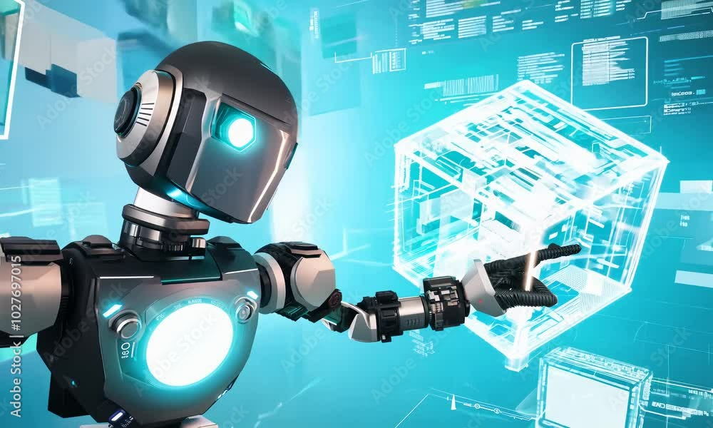 Poster advanced ai robot interacts with holographic cube demonstrating potential applications.