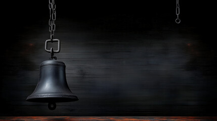 Obraz premium Black bell hanging on chain against dark wooden background.