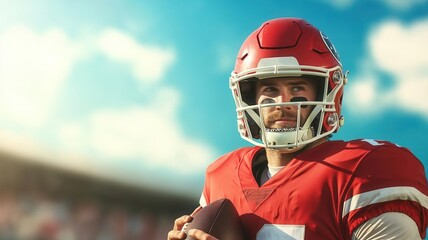 A focused football player in a red uniform holds a ball, poised against a bright sky, embodying athleticism and determination on the field.
