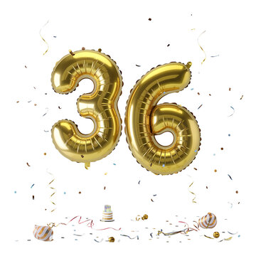 Gold Number 36 Balloon with Streamers and Confetti