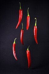 Hot red chili pepper flying. Still life on a black background. Bright pepper.