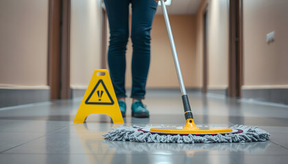 Fototapeta premium Female janitor mopping floor with caution sign in room, closeup isolated with white highlights, png