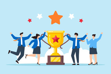 Flat illustration of business people with stars and rewards representing employee engagement and job satisfaction