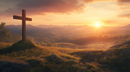 A beautiful sunrise over the British countryside, with an old wooden cross standing on top of one hill 