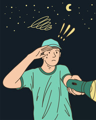 PERSON HOLDING A FLASHLIGHT / LIGHTING EQUIPMENT, UNIQUE AND COOL DESIGN SUITABLE FOR YOUR DESIGN NEEDS, VECTOR FILE